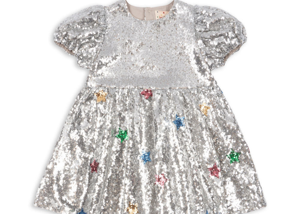 Konges Sljd | Starla Stardust Dress - Star Sequin Silver | Girl | White Konges Sljd | Starla Stardust Dress - Star Sequin Silver | Girl | White